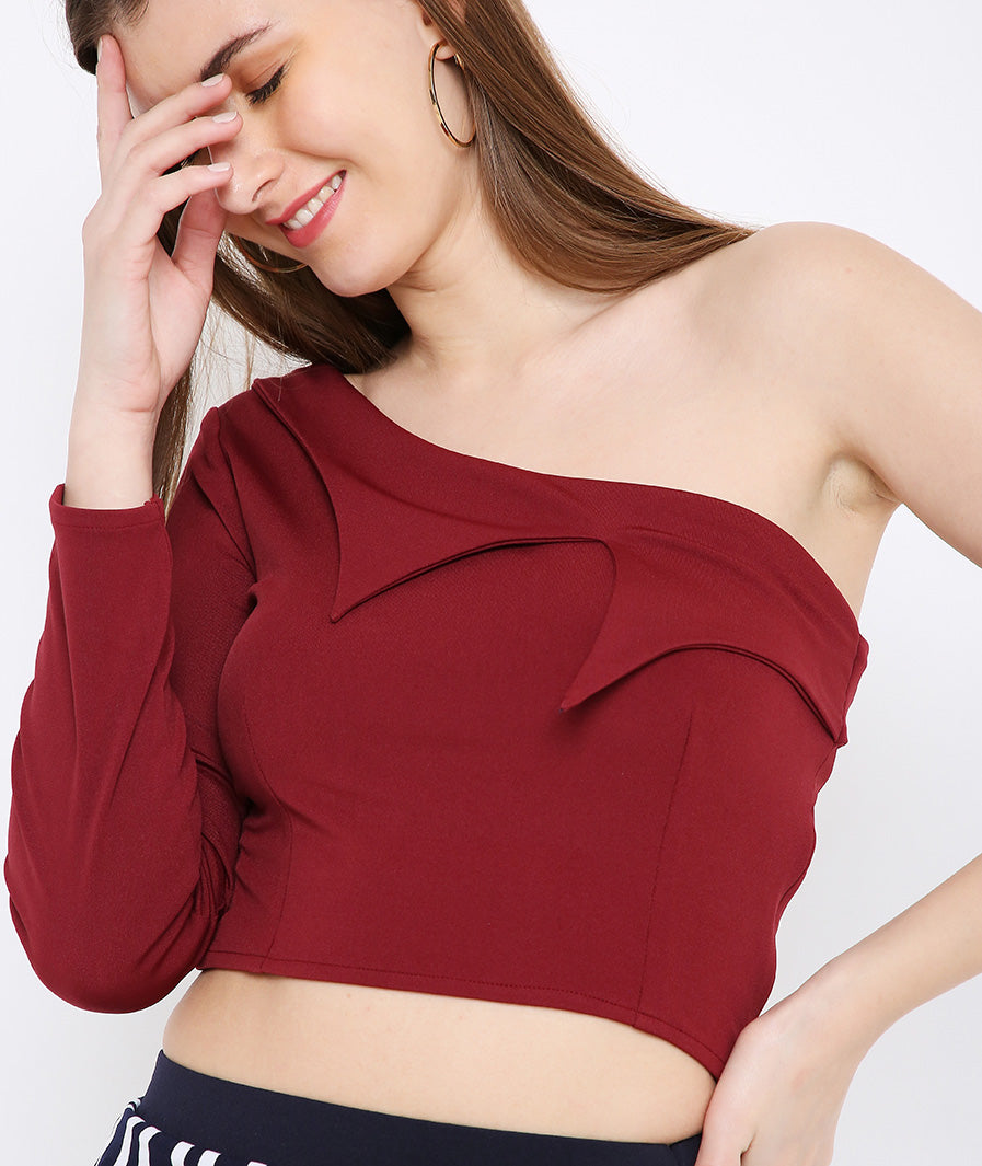 Wine 3D Collar OffShoulder Crop Top